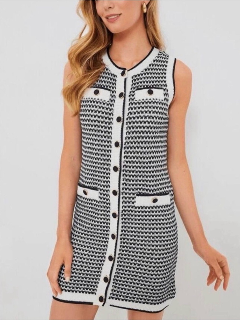 NWT Pomander Place Tuckernuck Bardot Navy & White Knit Shift Dress Buttons M Med